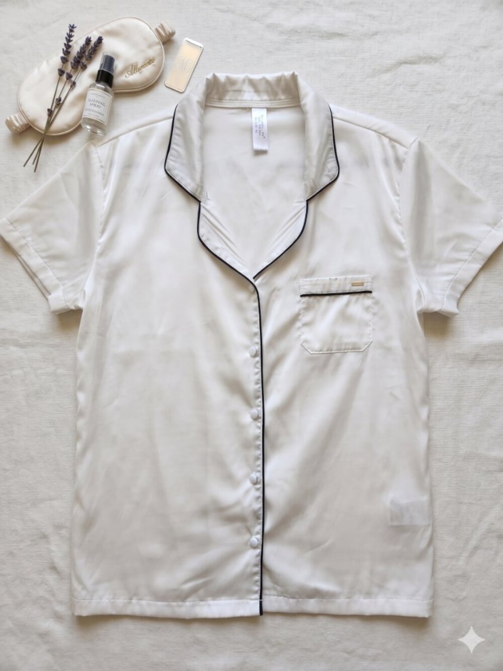 Bluebella White Satin Pajama Top with Black Piping